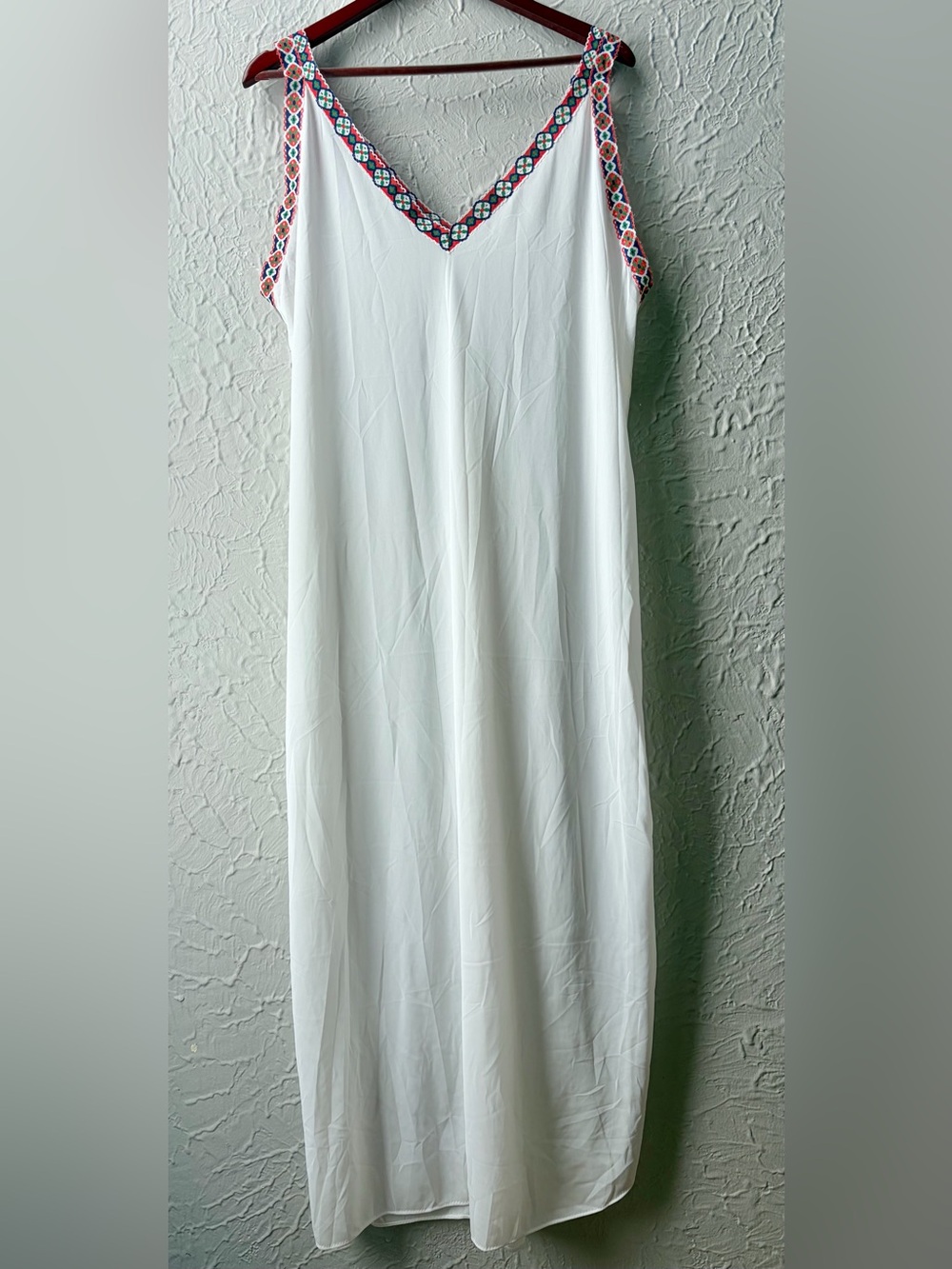 Vtg Kayser White Nylon Boho Embroidered Maxi Slip Gown L